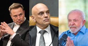 Montagem de fotos de Elon Musk, Alexandre de Moraes e Lula