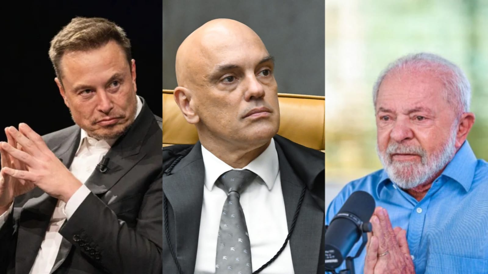 Montagem de fotos de Elon Musk, Alexandre de Moraes e Lula