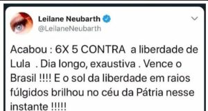 Print de tweet de Leilane Neubarth na época da prisão de Lula