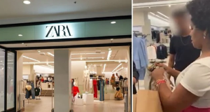 Montagem de fotos de loja da Zara e advogada com imagem borrada