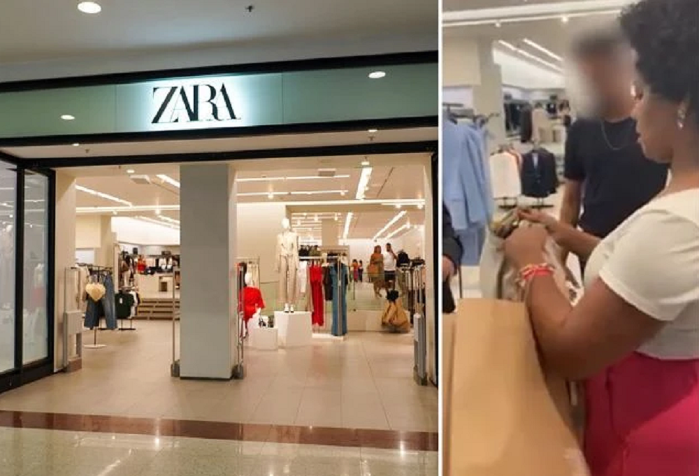 Montagem de fotos de loja da Zara e advogada com imagem borrada