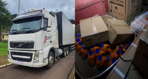 Montagem de duas fotos de caminhão e carga