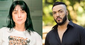 Montagem de fotos de Luciana Picorelli e Belo, ambos sérios e olhando pra câmera