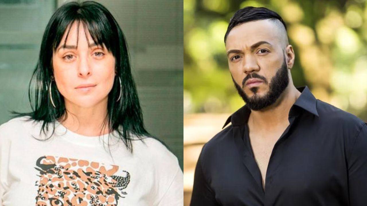 Montagem de fotos de Luciana Picorelli e Belo, ambos sérios e olhando pra câmera