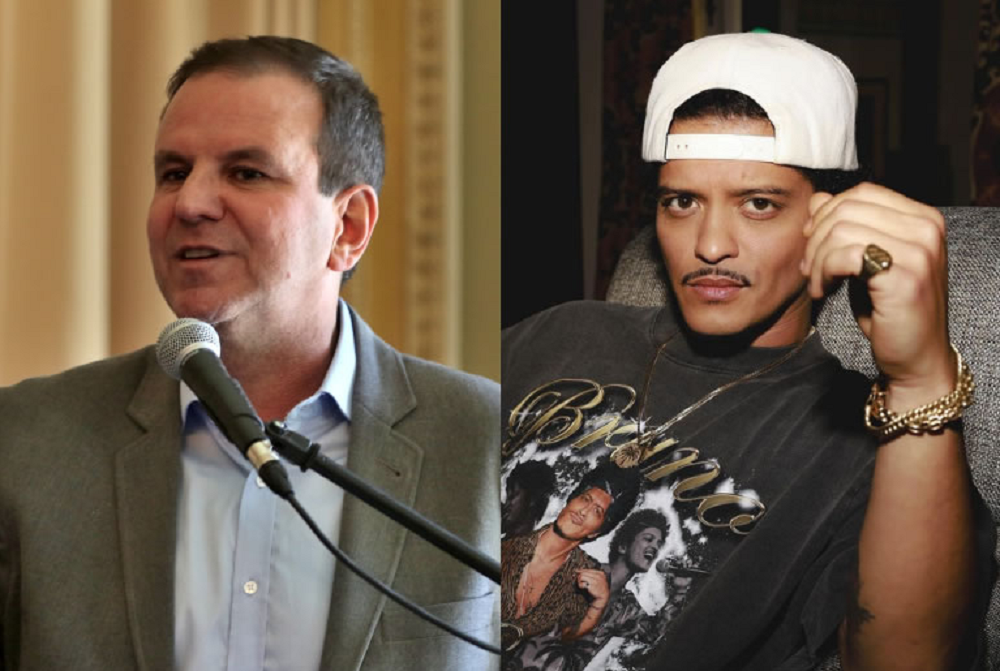 Montagem de fotos de Eduardo Paes e Bruno Mars, ambos sérios