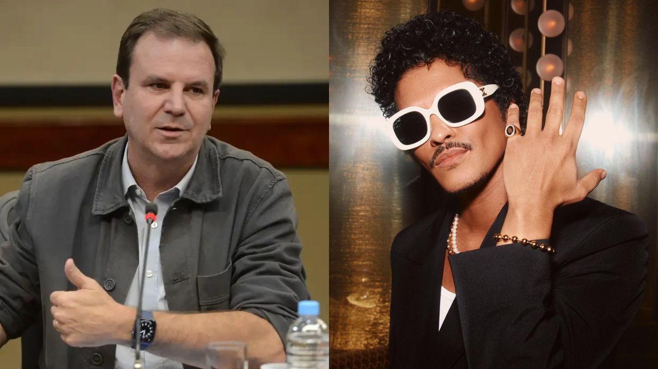 Montagem de fotos de Eduardo Paes e Bruno Mars