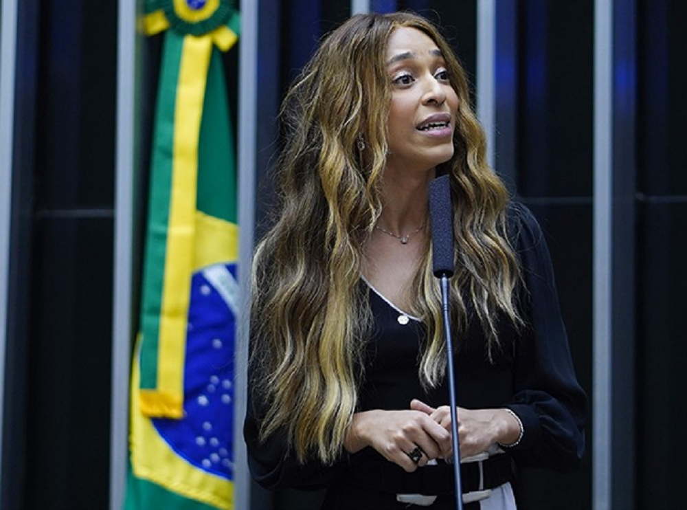 Erika Hilton de roupa preta, falando em microfone, de cabelo solto, olhando para o lado, com bandeira do Brasil ao fundo