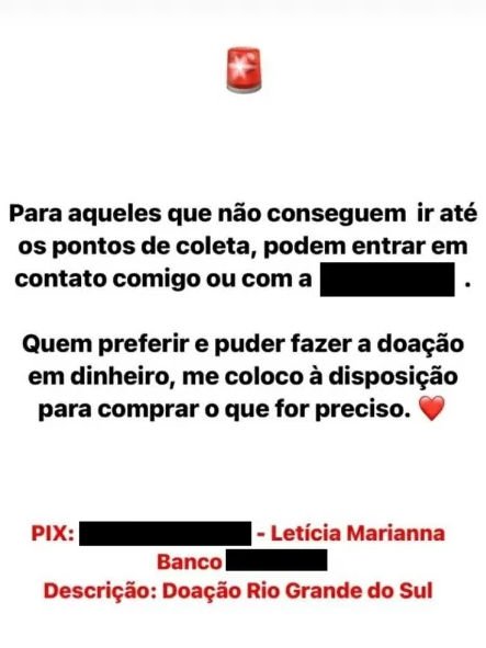 Print de pedido de doação feito por Letícia Firmo nos Stories