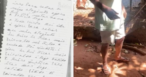 Montagem de duas fotos de carta e idoso, sem ter rosto revelado