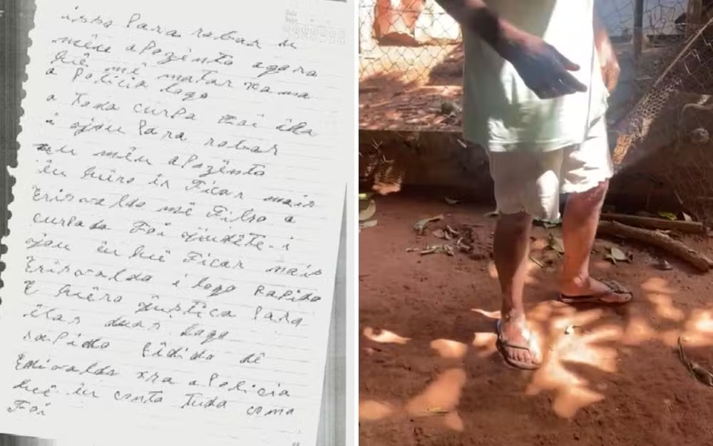 Montagem de duas fotos de carta e idoso, sem ter rosto revelado
