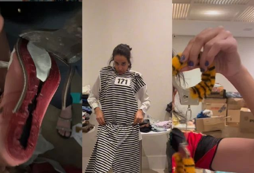 Montagem de três fotos de Renata Protta com itens que mostrou de doações, incluindo fantasia de presidiário e algemas de pelúcia