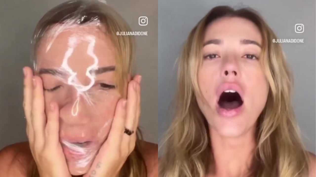 Montagem de fotos de Juliana Didone com rosto coberto com plástico filme e sem