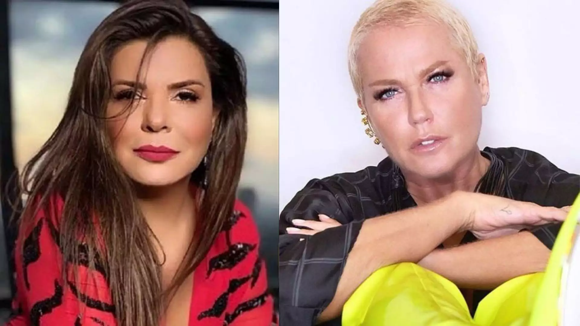 Montagem de fotos de Mara Maravilha e Xuxa, ambas sérias