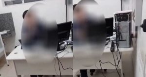 Montagem de duas fotos de médico em consultório com imagem borrada