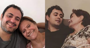 Montagem de duas fotos de Saudade Braga e Glauber Braga, sorrindo de primeira e se olhando na segunda