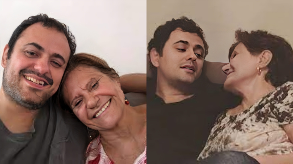 Montagem de duas fotos de Saudade Braga e Glauber Braga, sorrindo de primeira e se olhando na segunda