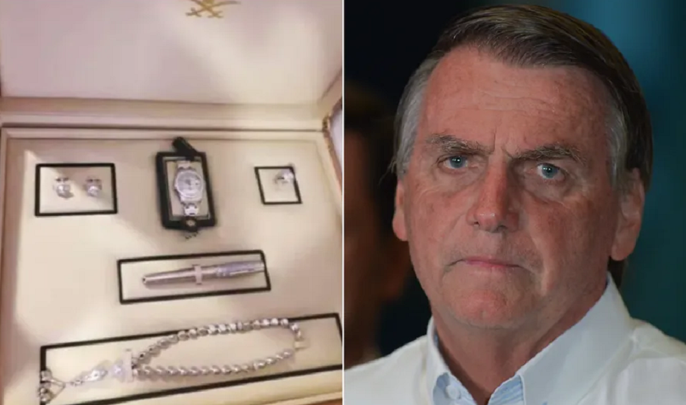 Montagem de fotos de "kit ouro branco" e Jair Bolsonaro com expressão séria
