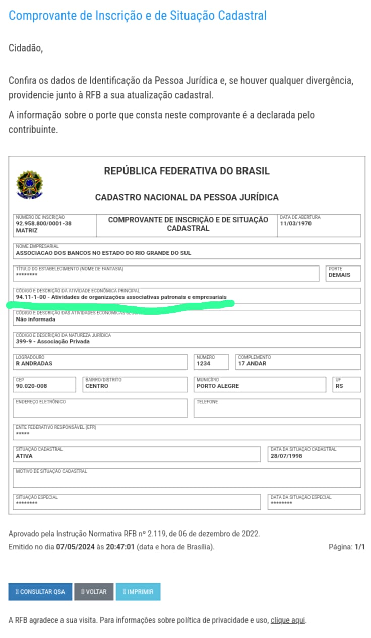 Print de dados do CNPJ divulgado pelo governador do RS
