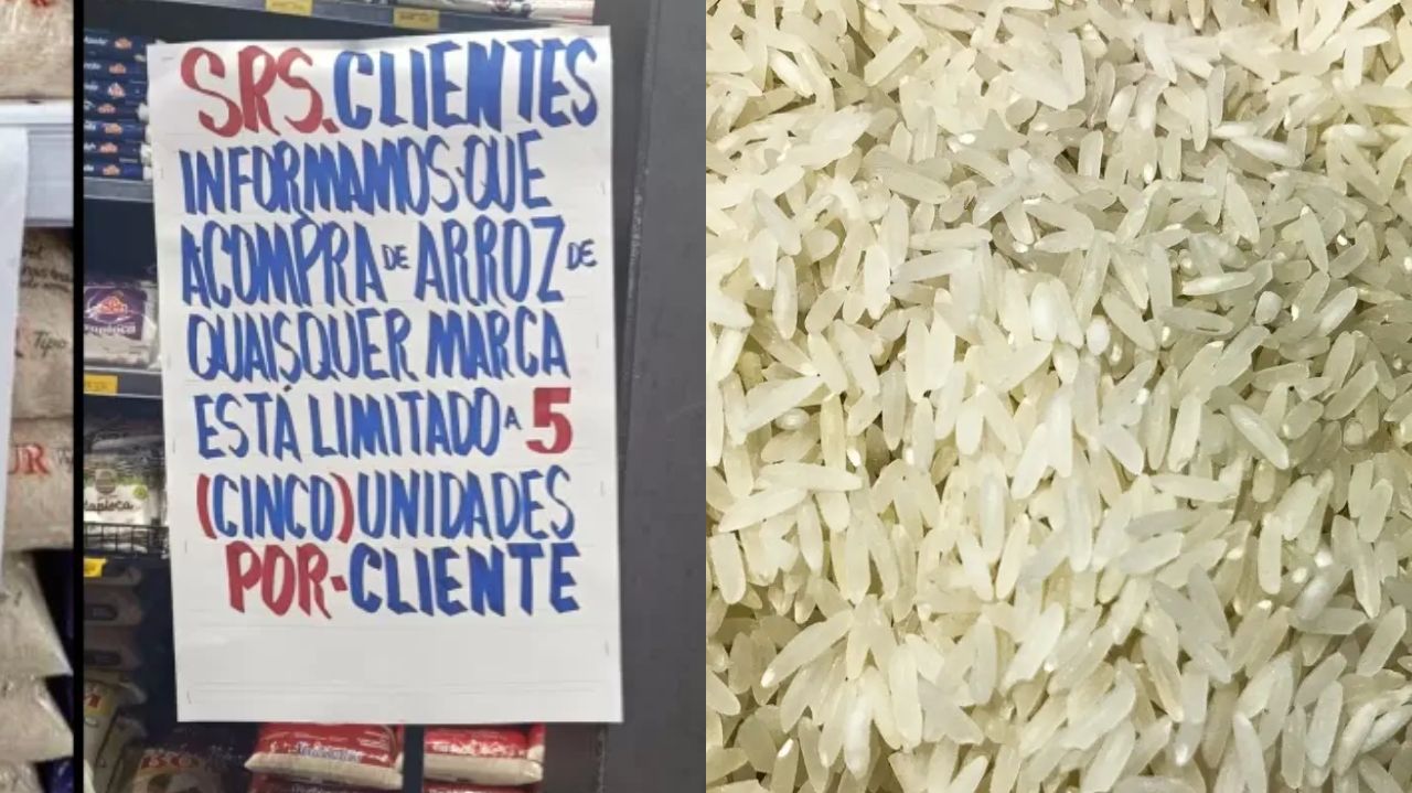 Montagem de fotos de placa sobre arroz e arroz