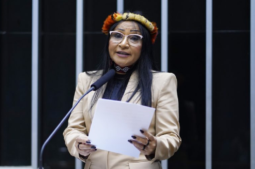 Silvia Waiãpi de roupa bege e arco de flores na cabeça, de óculos e cabelo solto, falando em microfone e segurando papel