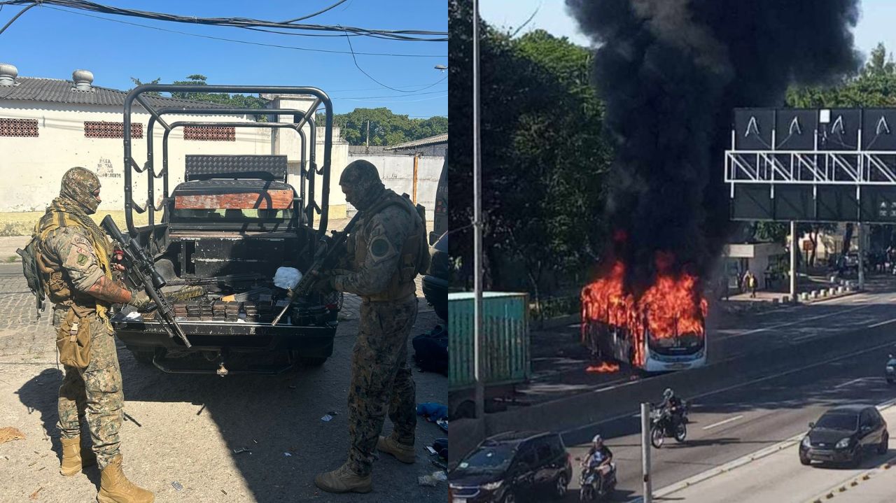 Montagem de fotos de Policiais no Complexo da Maré e ônibus incendiado em via expressa
