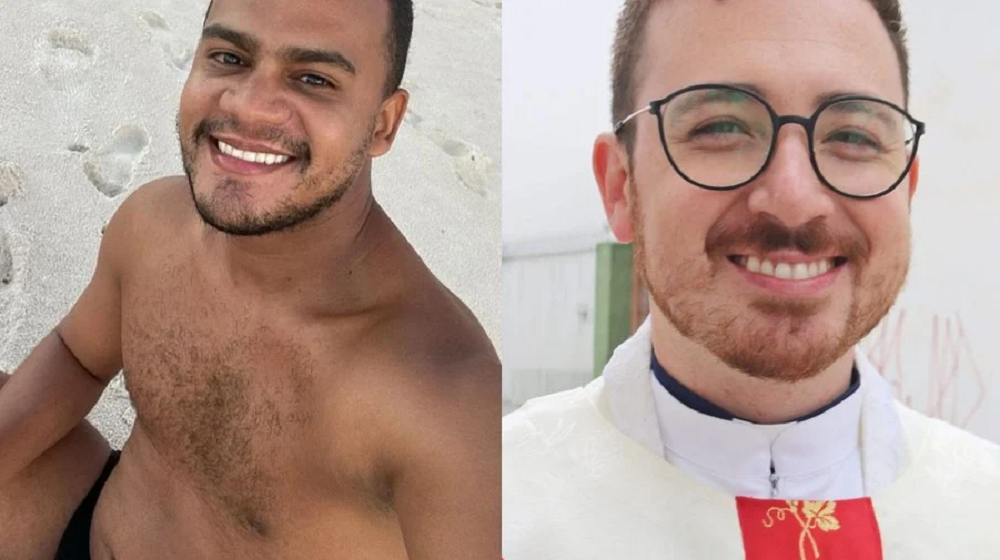 Montagem de fotos de Fernando Gomes e o padre Samuel Detomi, ambos sorrindo