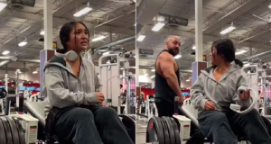 Montagem de duas fotos da influenciadora fitness Kyla Diaz na academia, na segunda um homem aparece