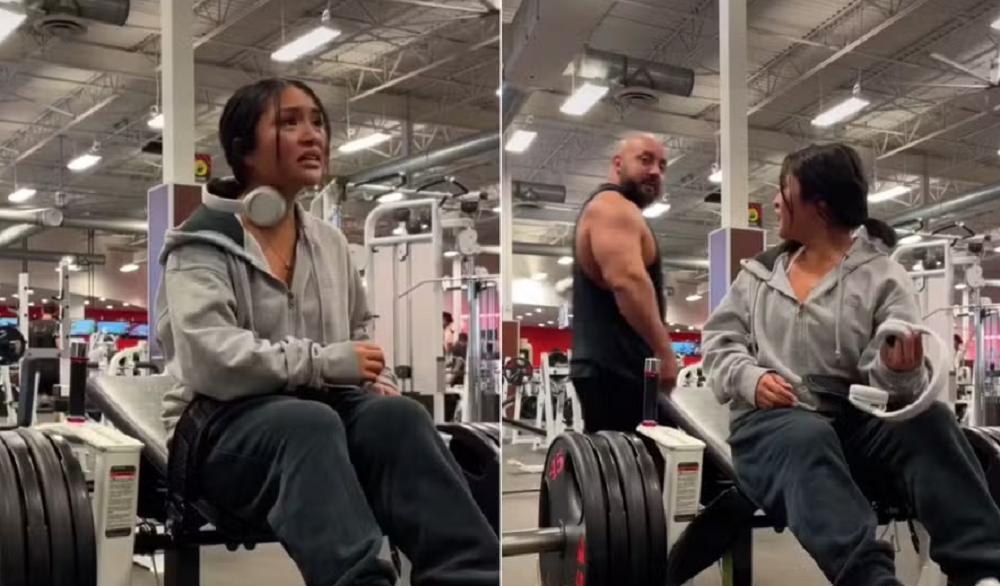 Montagem de duas fotos da influenciadora fitness Kyla Diaz na academia, na segunda um homem aparece