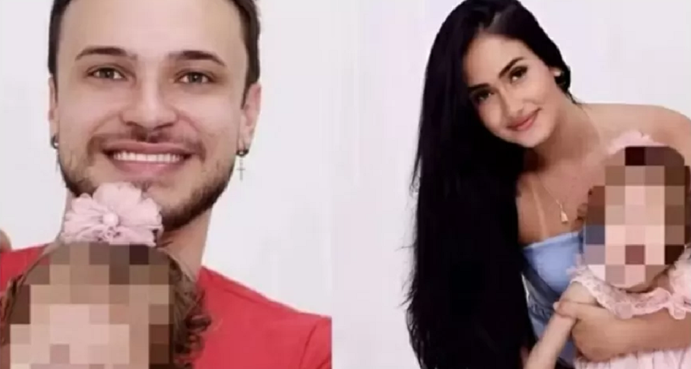Montagem de duas fotos de Igor Viana e Ana Vitória em ensaio de fotos com a filha