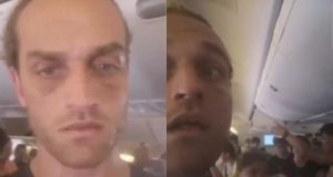 Montagem de fotos de passageiros dentro de avião