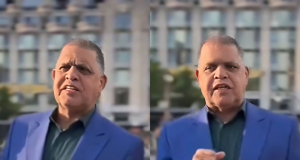 Montagem de duas fotos do pastor Marcos Pereira de roupa social azul, falando para a câmera