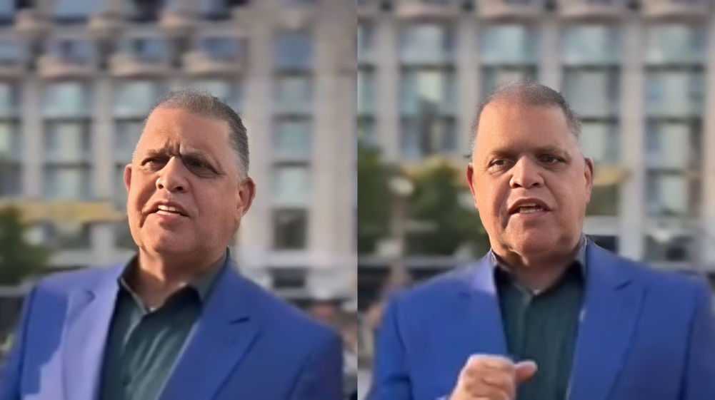 Montagem de duas fotos do pastor Marcos Pereira de roupa social azul, falando para a câmera