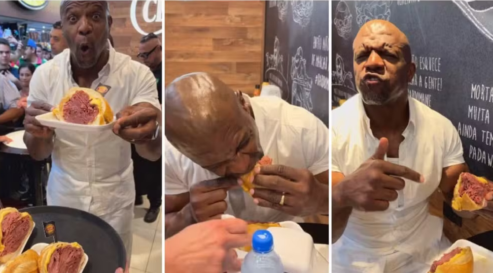 Montagem de três fotos de Terry Crews comendo sanduíche de mortadela no Mercadão