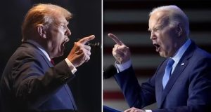 Montagem de fotos de Donald Trump e Joe Biden se enfrentando