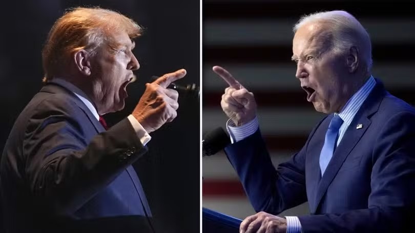 Montagem de fotos de Donald Trump e Joe Biden se enfrentando