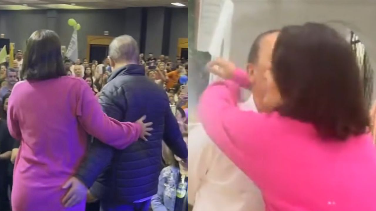Montagem de fotos de Michelle Bolsonaro e Jorginho Mello, lado a lado e se abraçando