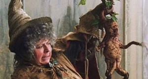 Miriam Margolyes como professora Pomona Sprout em Harry Potter, com expressão assustada
