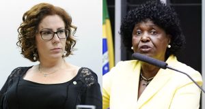 Montagem de fotos de Carla Zambelli e Benedita da Silva, ambas sérias