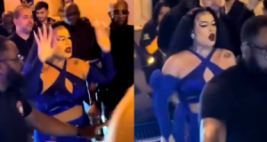 Montagem de duas fotos de Gloria Groove cercada de seguranças e falando com fãs