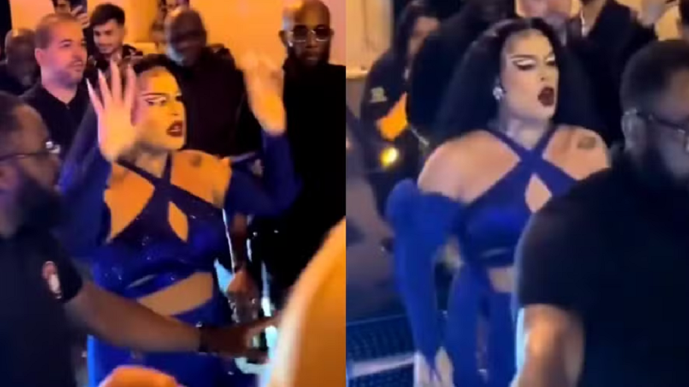 Montagem de duas fotos de Gloria Groove cercada de seguranças e falando com fãs