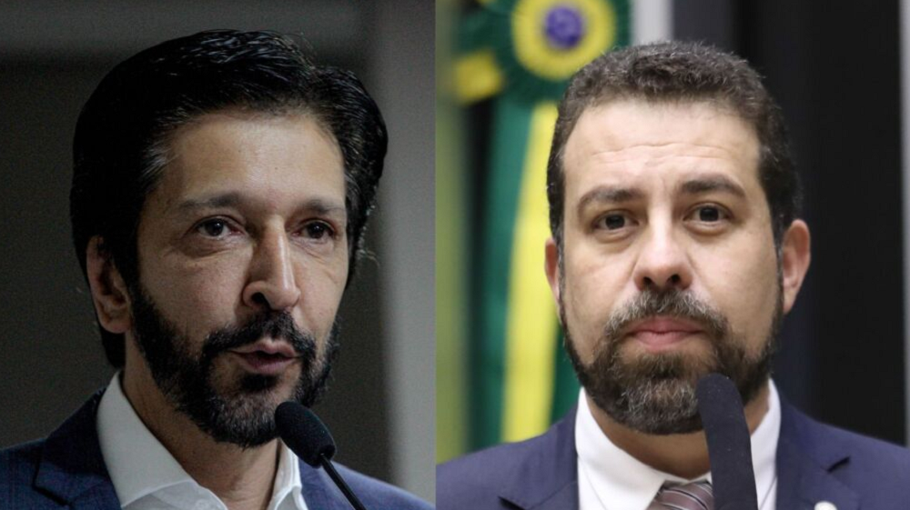 Montagem de fotos de Ricardo Nunes e Guilherme Boulos, o primeiro falando e o segundo sério