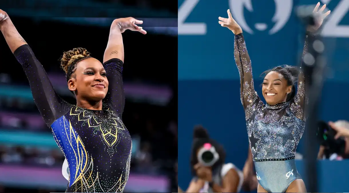 Montagem de fotos de Rebeca Andrade e Simone Biles, ambas acenando