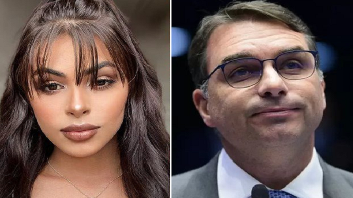 Montagem de fotos de Sophia Barclay e Flávio Bolsonaro, ambos com expressão de deboche