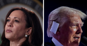Montagem de fotos de Kamala Harris e Donald Trump