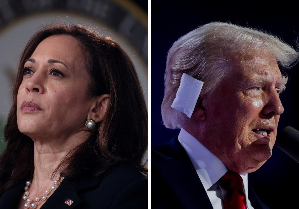 Montagem de fotos de Kamala Harris e Donald Trump