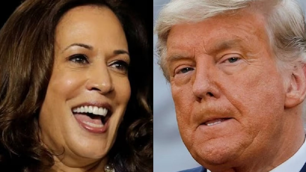 Montagem de fotos de Kamala Harris sorrindo e Donald Trump fazendo careta