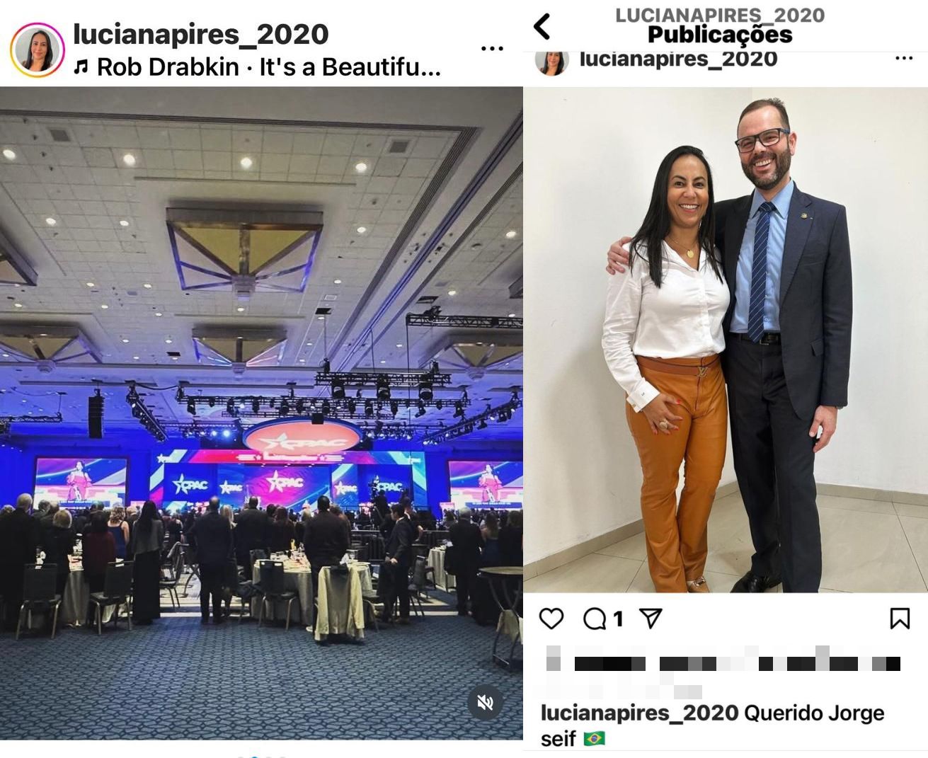 Luciana Pires no CPAC e com o amigo Jorge Seif. Foto: Reprodução/Instagram