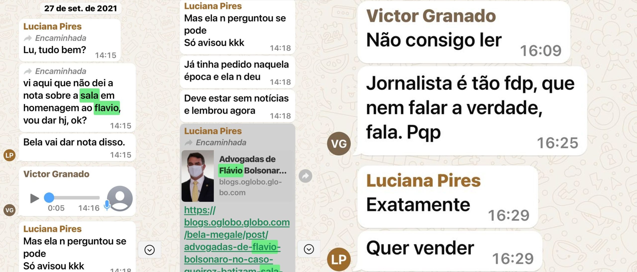 A conversa que comprova a existência de um "bunker", de uma sala só para defender Flávio Bolsonaro no escritório que fez sua defesa. Foto: Reprodução