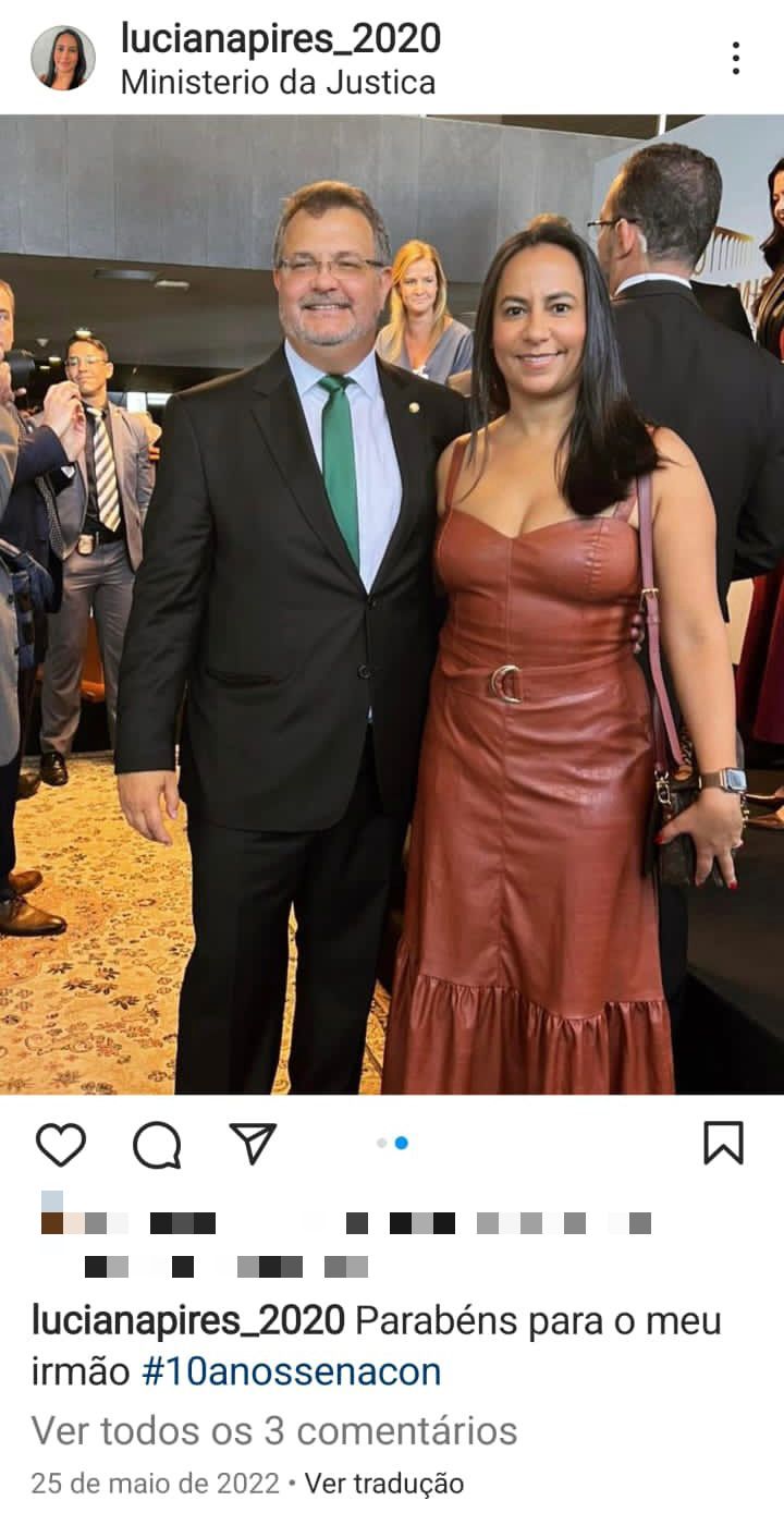 Luciana Pires com o irmão Rodrigo Roca. Ambos defenderam Flávio Bolsonaro. Ele virou secretário de Anderson Torres. Foto: Reprodução/Instagram