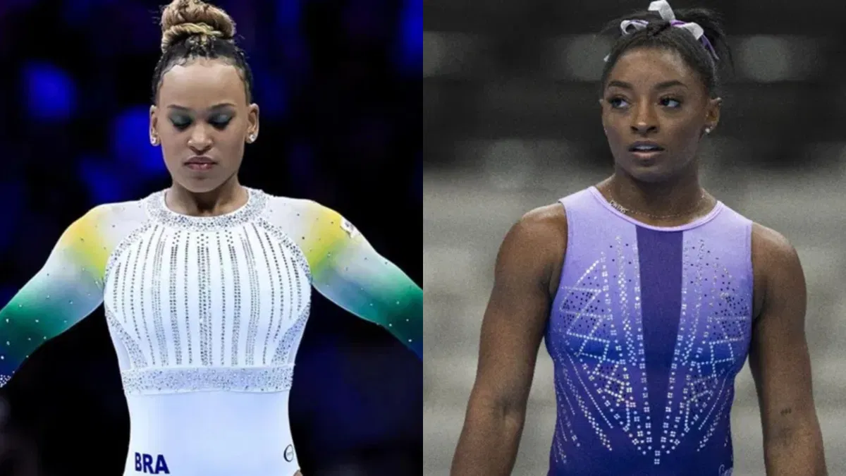 Montagem de fotos de Rebeca Andrade e Simone Biles, ambas sérias